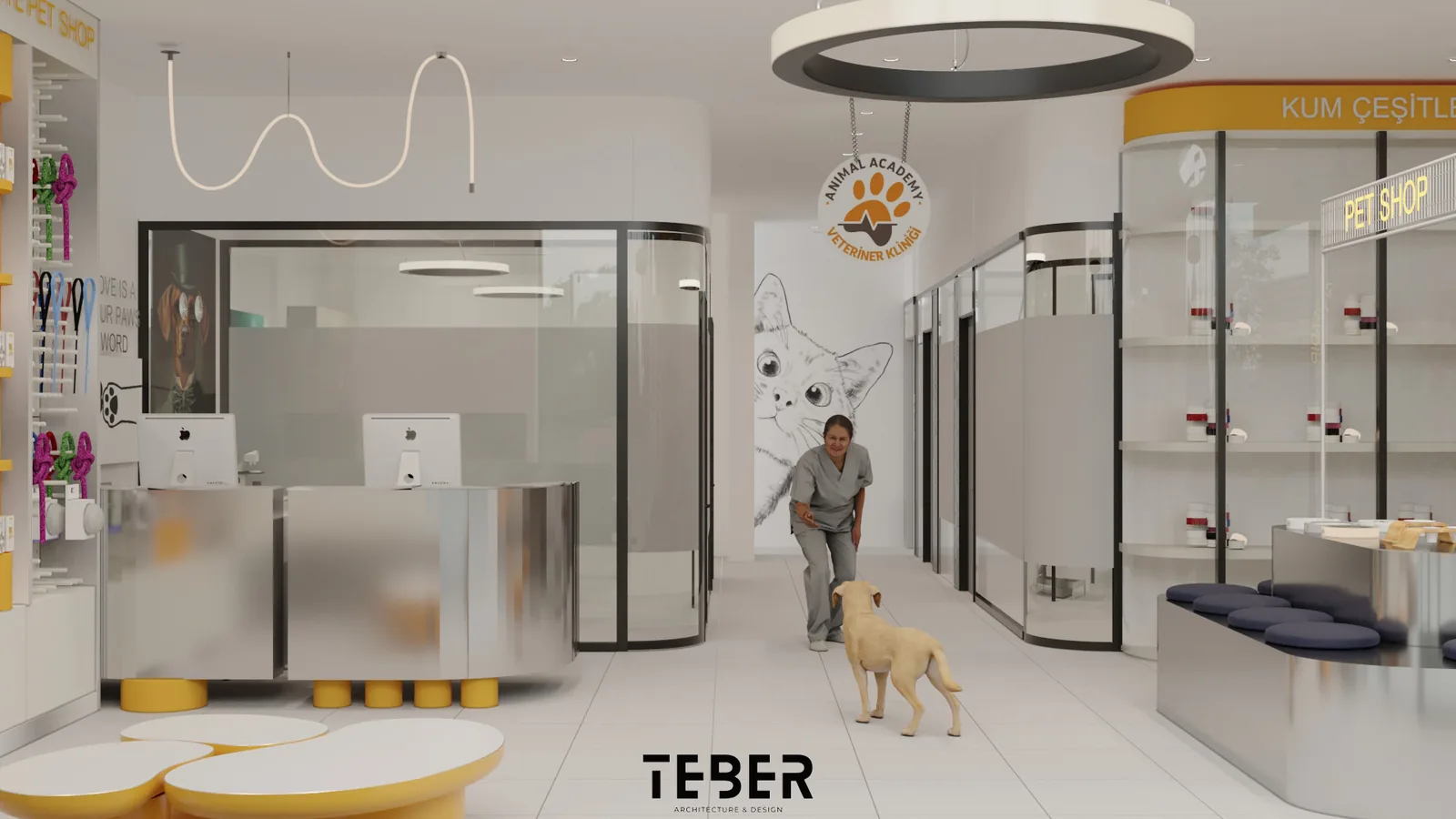 Kliniğin tasarım görselleştirmesi — resepsiyon ve pet shop